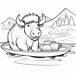 bison drinks coffee in a raft