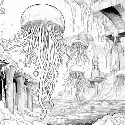 cosmic jellyfish exploring underwater ruins