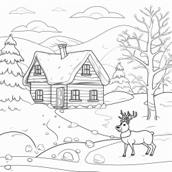 winter scene include a snowman a deer a house and snow falling from the sky do not make it too cluttered