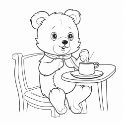 a cute fuzzy bear in a cafe enjoying a cup of tea