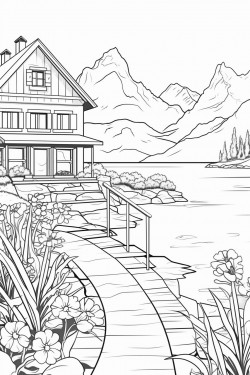 switzerland landscape with a quaint stone house surrounded by flowers wooden dock extending into a lake
