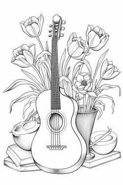 artistic still life with a guitar and a vase with tulipans