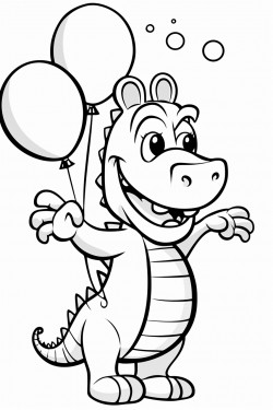 a dancing alligator holding balloons with a dancing zebra in a simple coloring book style