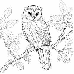 coloring page owl perched on a tree branch with leaves around no shading high details thick lines