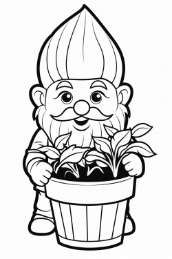 a cute dad dwarf holding a wooden flower pot