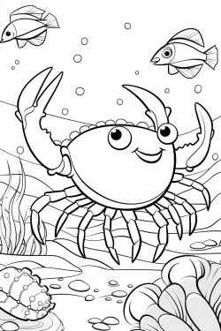 cute crab with fish in backround and ocean details