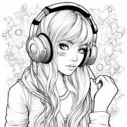 emo girl that has red end of her hair with gaming headphones listening to music on her phone