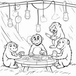 baboons swinging from the lights grabbing food from the tables customers look scared and surprised
