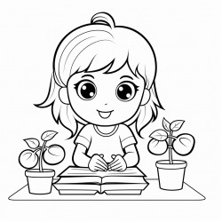 small girl with 2 ponytails working on a potted tomato plant