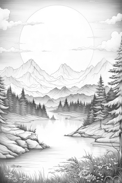 create a serene landscape with a full moon shining in a clear sky below a tranquil lake reflects the moonlight surrounded by swaying trees and rolling hills add distant mountain silhouettes and a few twinkling stars to evoke a sense of calm and wonder