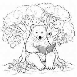 a bear reading books under an oak tree