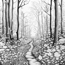 write a prompt for the colouring idea a forest path with colored leavesremember it must be in black and whiteso that the adult will be the one to colour it not more than 300 characters