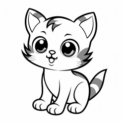 a black and white coloring page of a playful baby cat with big eyes clear background