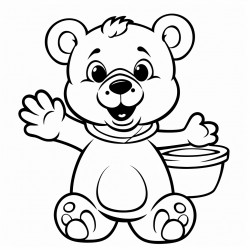 a friendly bear waving with a honey pot beside it simple bold lines for easy coloring