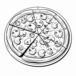 black and white coloring book drawing only thick outlines no grayscale for children in cartoon style pizza with toppings