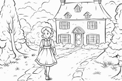 a little girl wearing a dress standing near a house with a garden path leading to the woods