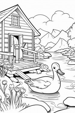 a duck in switzerland landscape with a quaint stone house surrounded by flowers wooden dock extending into a lake