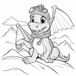 dragon fying in an airplane over the mountains wearing a snow hat