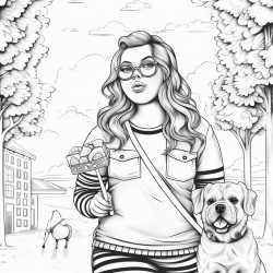 coloring page black and white fat girl having ice cream in the park walking with her dog