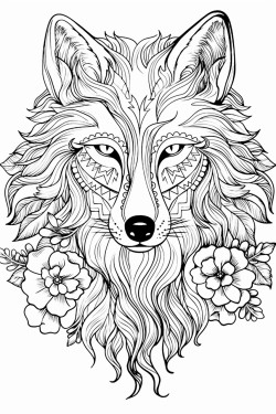 wolf zentangle art with flowers on the side