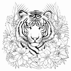 tiger surrounded by tropical flowers