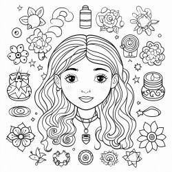 a mixed colouring page with images of self care items young girls of all races teen items and mandalas