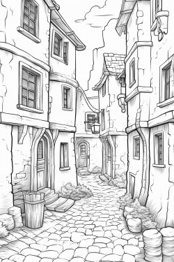 arkheim coloring page old buildings worn statues cobblestone alleys mossy walls wooden shutters faded signs