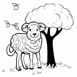 simple black and white line drawing crayon coloring page style anima style large ram turning left on his hind legs slightly facing left around large apple tree his head looking down to his right