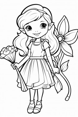 a friendly flower fairy with a large flower in her hand leave enough space between the lines for coloring noshadows