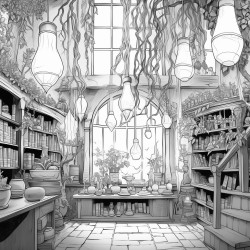 the inside of an occult store with books candles crystals and potions on the shelves a large window with potted plants in the windowsill a stone floor and wisteria hanging from the cieling