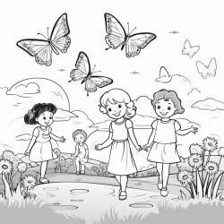 create a scene with kids releasing butterflies in a meadow with wildflowers