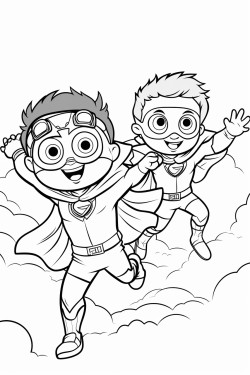 super power kid flying in the sky looking at me and smiling with his friend next to him as a flying masked otter