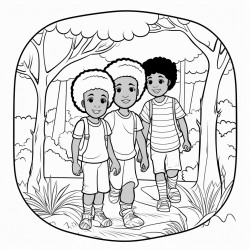 professional sketch drawing of african boy and a girl chlid with friend are watching the trees grow in forest