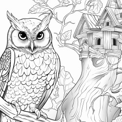 a extreme closeup of a wise old owl threequarter view to the left in a cozy treehouse interior pop art style for a adult