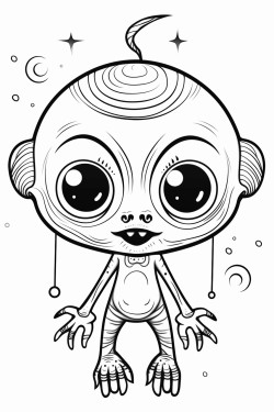 coloring page image with white background and sharp black lines with no grey areas.funny  and scary weird individual alien creature images  with some background. moons