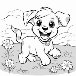 a joyful puppy with floppy ears wagging its tail and a cute smile running through a grassy meadow