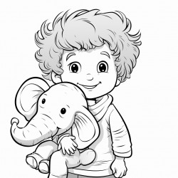 curly brown haired boy with his stuffed elephant