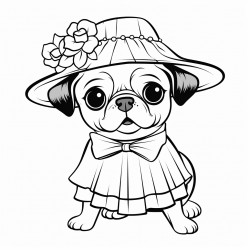 pug wearing a dress and a sunhat