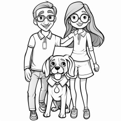 girl with pigtail braids and eyeglasses with her mom dad and beagle dog