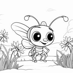 create a coloring page in black and white in bold outline and white background of a cute baby ant in the garden