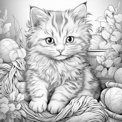 cute cat playing with a ball of yarn with intricate patterns all over the image with no shading