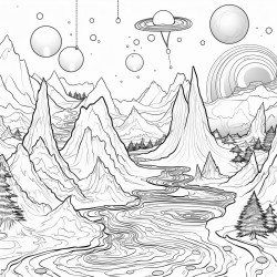 a cosmic landscape with towering mountains floating islands and alien flora