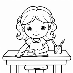 a girl sitting in a desk with a pencil in her hand