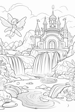 cute butterflies mermaids and fairies in a river with a rainbow and a waterfall there is a castle in the background