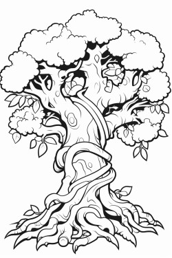 a large twisted oak tree with swirling leaves and hidden creatures like fairies or owls peeking through