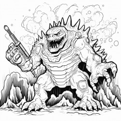 a monster made of lava shooting a lava minigun