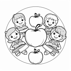 a group of six different fruits each reading a book and sitting in a circle setting is simple classroom style is cartoon