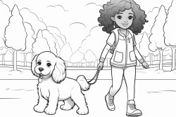 beautiful  african american young girl walking confidently strong and courageous while with cute fluffy puppy