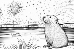 an otter and a cicada watching fireworks by a river
