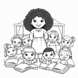 classroom of kinder kids with curly haired teacher